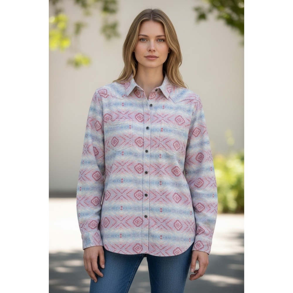 Ariat Womens Large Billie Jean Blue Pink Aztec Western Long Sleeve Button down